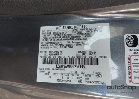 2013 Ford Mustang V6 из США, поврежденный, VIN 1ZVBP8AM0D5259145